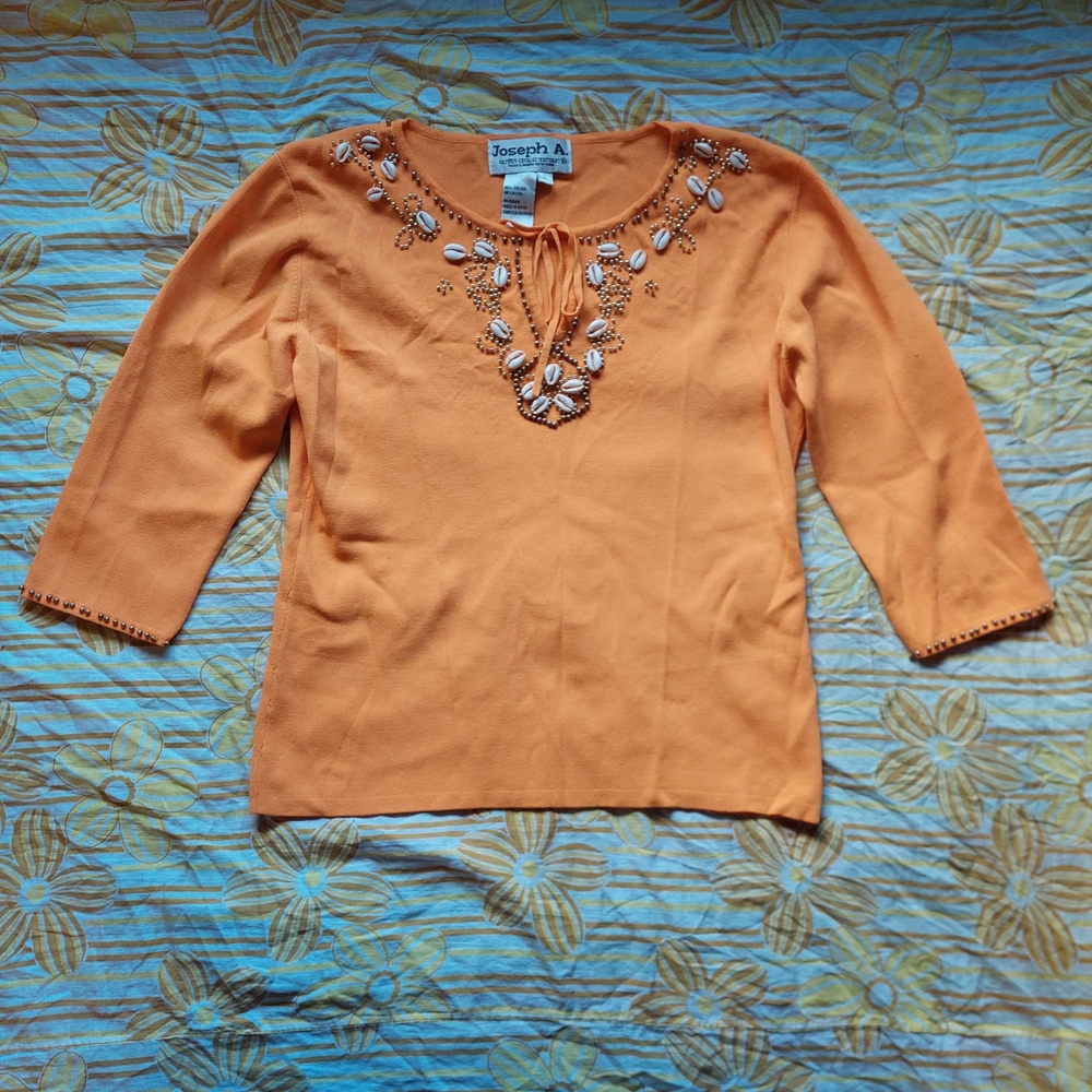 Joseph A Vibrant Orange Beaded Blouse with Shells